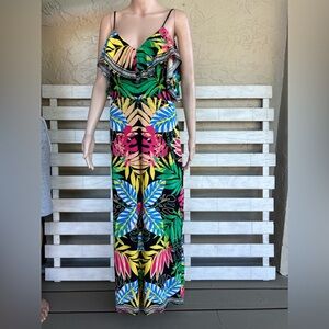 Flying Tomato Jumpsuit Woman’s Large Multicolor Tropical Ruffle Wide Leg Boho